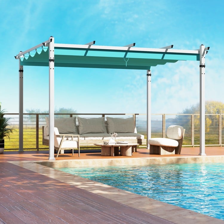Outdoor pergola with a turquoise retractable canopy, aluminum frame, and seating area by the pool for stylish.