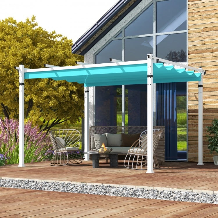 Outdoor pergola with turquoise retractable canopy and sturdy aluminum frame, perfect for patio relaxation and.