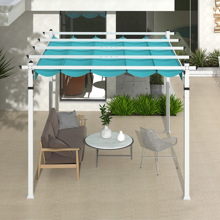 Outdoor pergola with a turquoise retractable canopy, aluminum frame, and seating area for stylish outdoor relaxation.