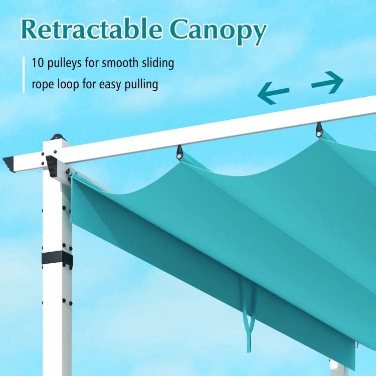 Retractable turquoise canopy detail with pulleys and rope loop for easy adjustment on an outdoor pergola.