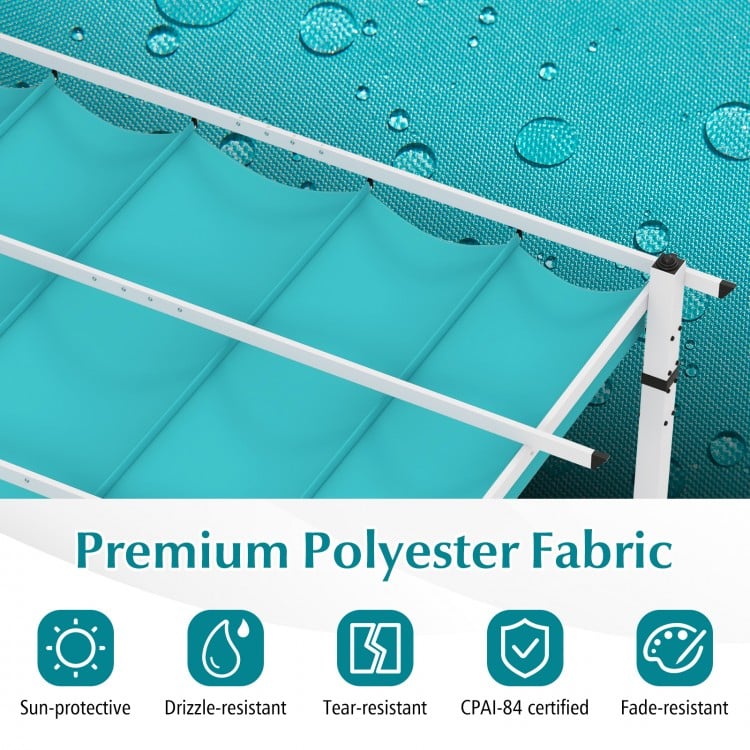 Turquoise retractable canopy of outdoor pergola, made from premium polyester fabric, sun-protective and fade-resistant.