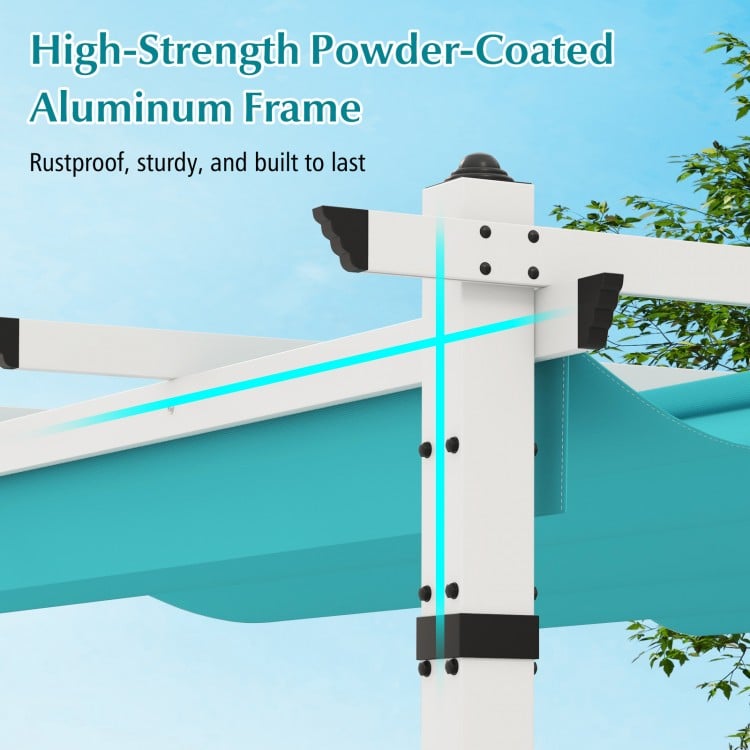 Close-up of the high-strength powder-coated aluminum frame of the outdoor pergola, showcasing durability and rust.