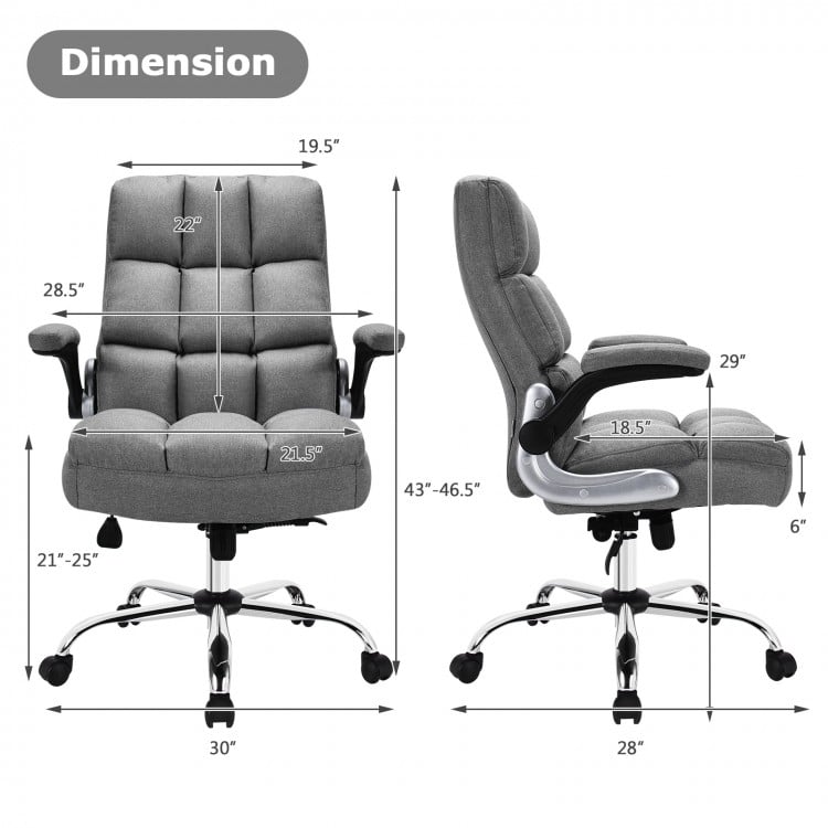 Adjustable swivel office chair in gray with high back, flip-up armrests, and ergonomic design for comfort and support.