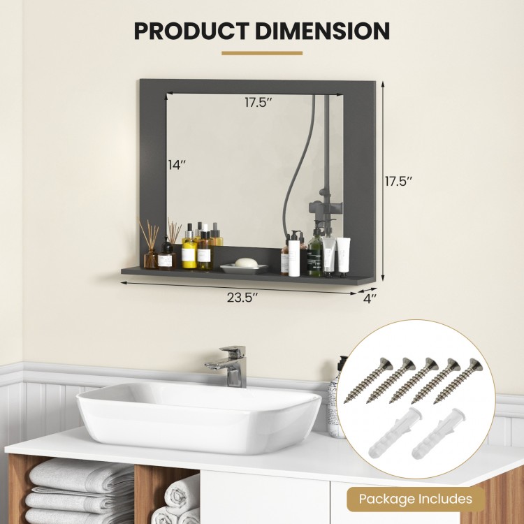 Rectangle bathroom mirror with shelf, gray wood frame, dimensions 23.5 x 17.5 inches, ideal for wall mounting.