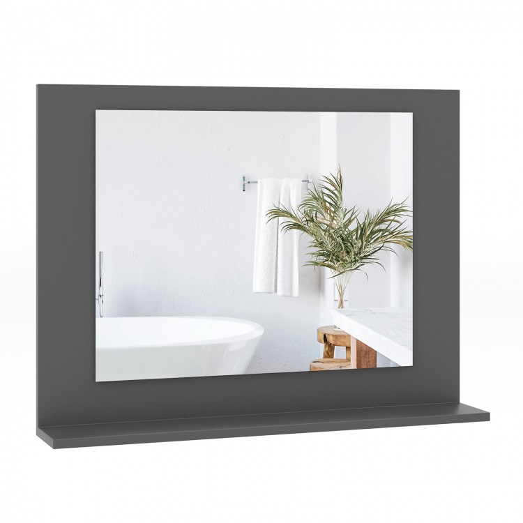 Rectangle bathroom mirror with gray wood frame and shelf, ideal for space-saving in bathrooms or living areas.
