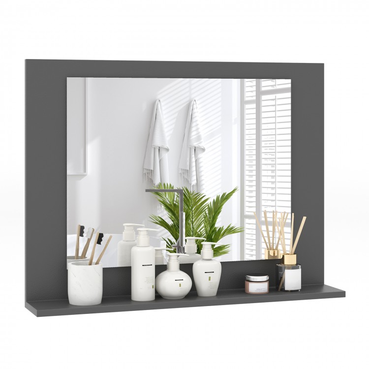 Rectangle bathroom mirror with gray wood frame and shelf, featuring a high-definition silver mirror for stylish storage.