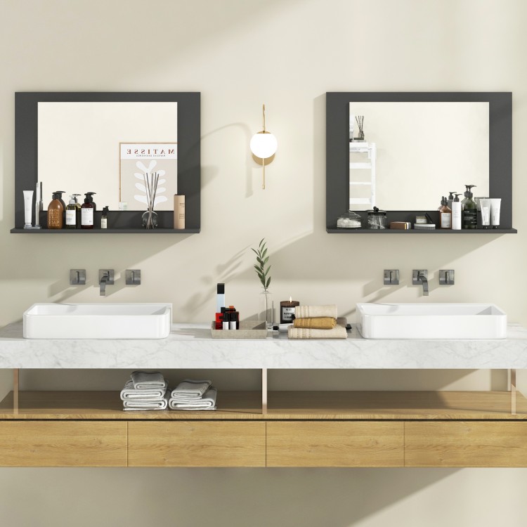 Rectangle bathroom mirror with gray wood frame and shelf, ideal for storage and wall mounting in modern spaces.