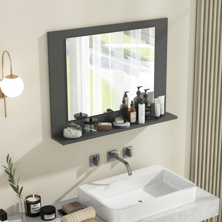 Rectangle bathroom mirror with gray wood frame and shelf, 23.5 x 17.5 inches, ideal for storage and wall mounting.