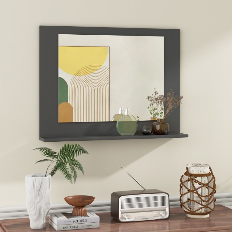 Rectangle bathroom mirror with gray wood frame and shelf, ideal for space-saving storage in bathrooms or living rooms.