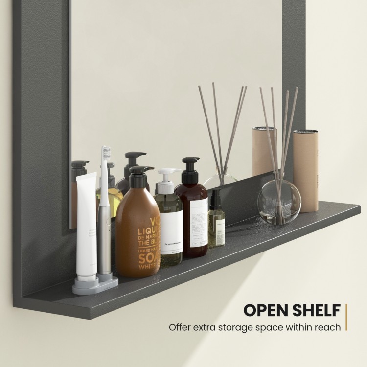 Rectangle bathroom mirror with gray wood frame and open shelf, ideal for storing toiletries and enhancing decor.