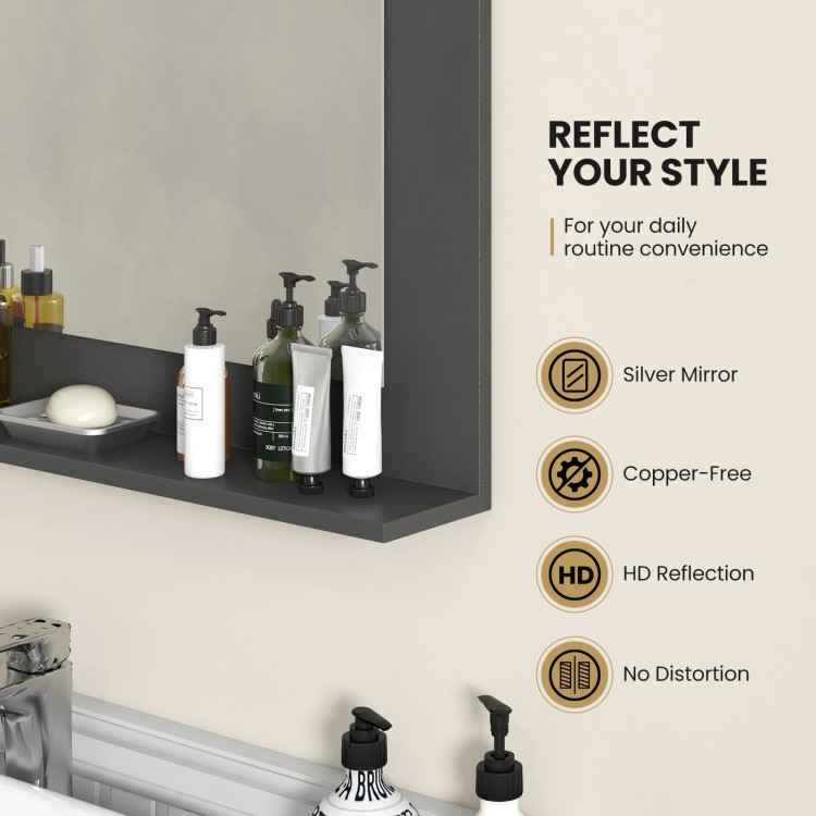 Rectangle bathroom mirror with gray wood frame and shelf, featuring a high-definition silver mirror for stylish.