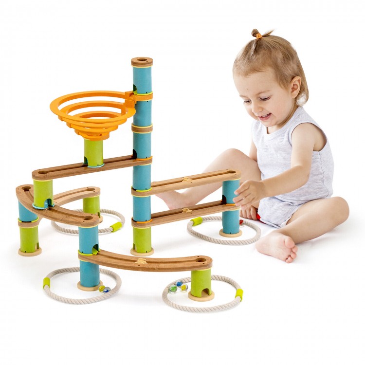 Bamboo marble run toy with colorful pieces, promoting creativity and engineering skills for kids over 4 years old.
