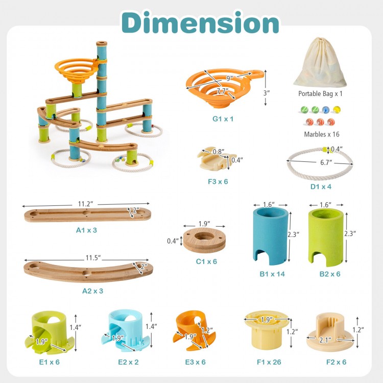 Bamboo marble run toy set with 106 pieces, featuring colorful tracks and marbles for kids' creative play and learning.