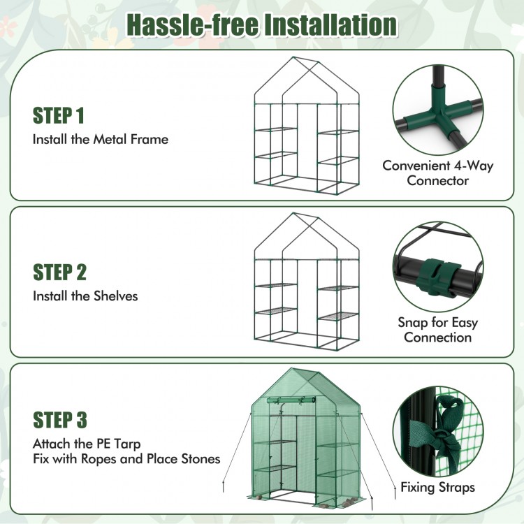 Mini portable 4 tier greenhouse with 8 shelves, featuring a rust-resistant metal frame for easy plant growth.