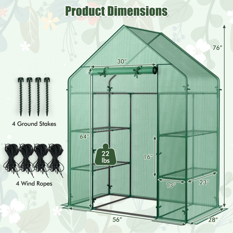 Mini portable 4 tier greenhouse with 8 shelves, measuring 30" x 56" x 76", ideal for plant growth and sunlight exposure.