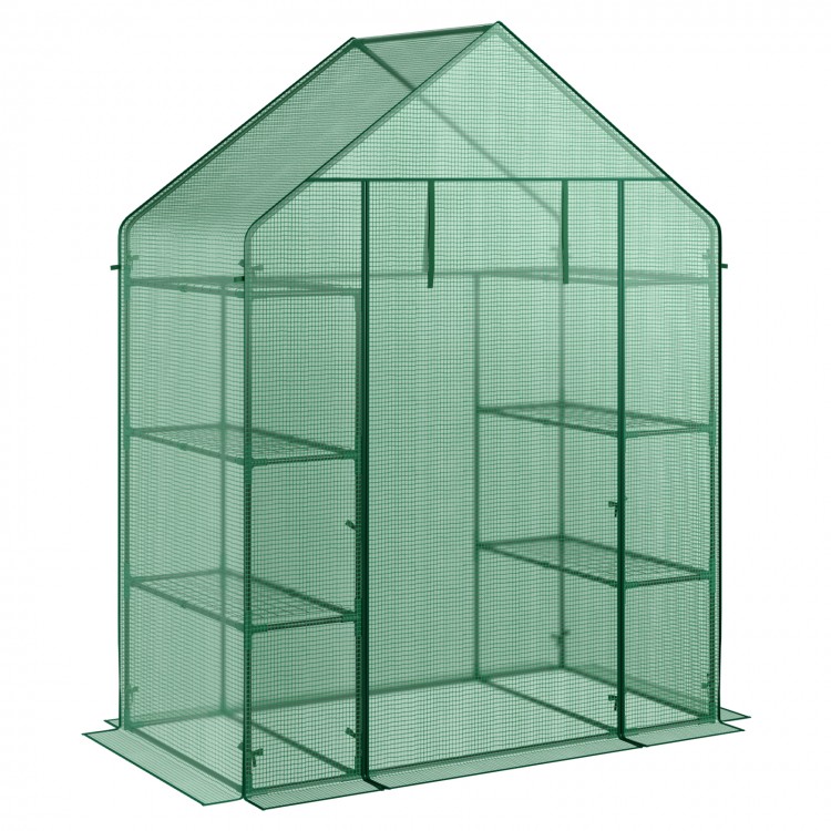 Mini portable walk-in greenhouse with 4 tiers and 8 shelves, rust resistant for optimal plant growth and sunlight.