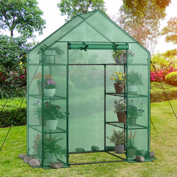 Mini portable walk-in greenhouse with 4 tiers and 8 shelves, designed for optimal sunlight and plant growth.