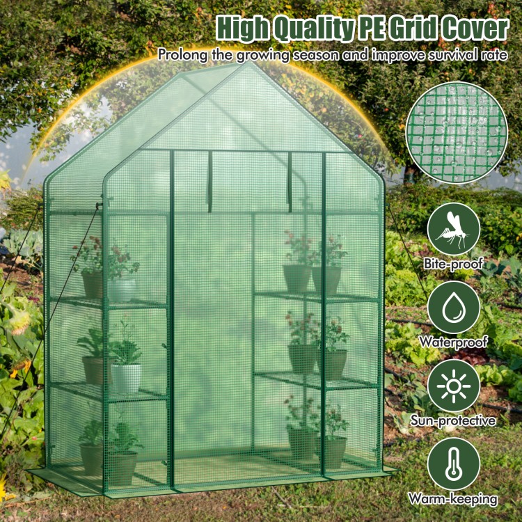 Mini portable 4 tier greenhouse with 8 shelves, featuring a PE grid cover for sun protection and plant warmth.