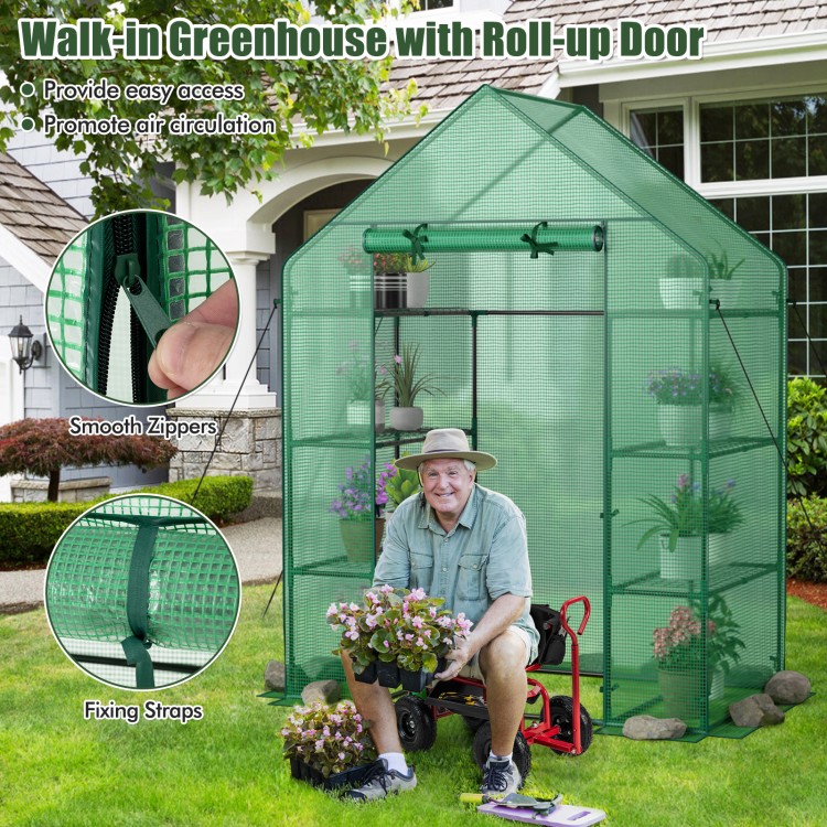 Mini portable walk-in greenhouse with roll-up door, featuring 4 tiers and 8 shelves for optimal plant growth.