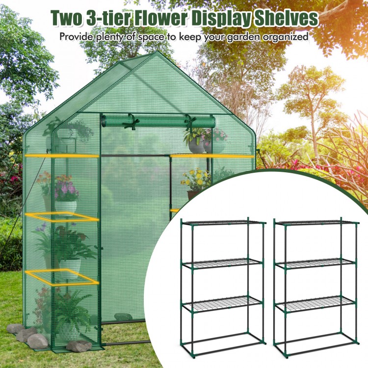 Mini portable 4 tier greenhouse with two 3-tier flower display shelves for organized plant growth and sunlight exposure.