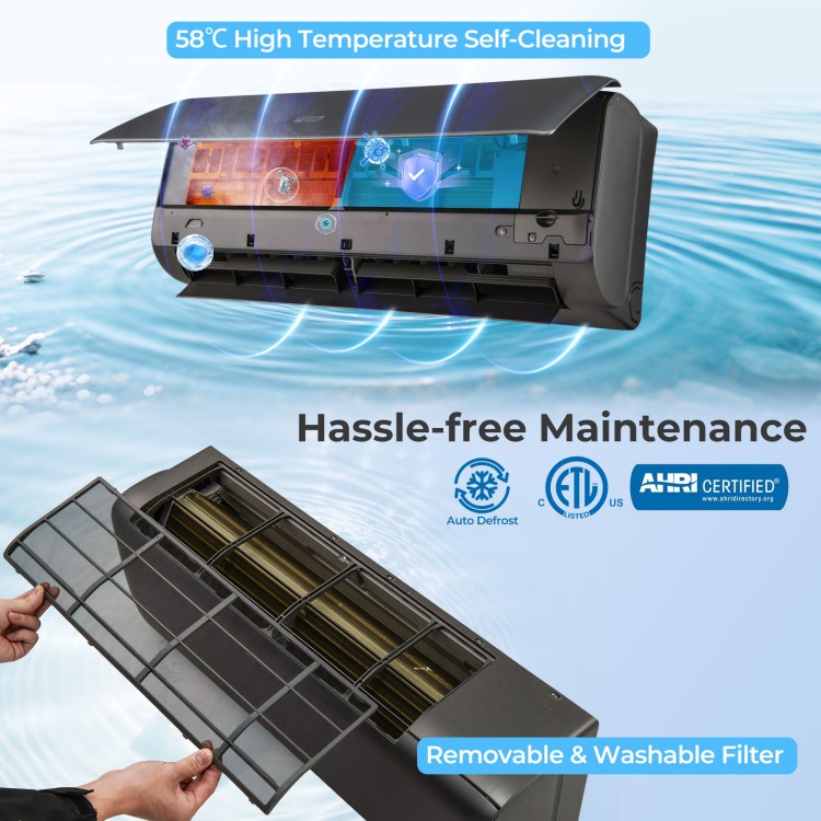 GreyVolt 12000 BTU mini split AC with self-cleaning filter, WiFi enabled, for efficient cooling and heating in large.