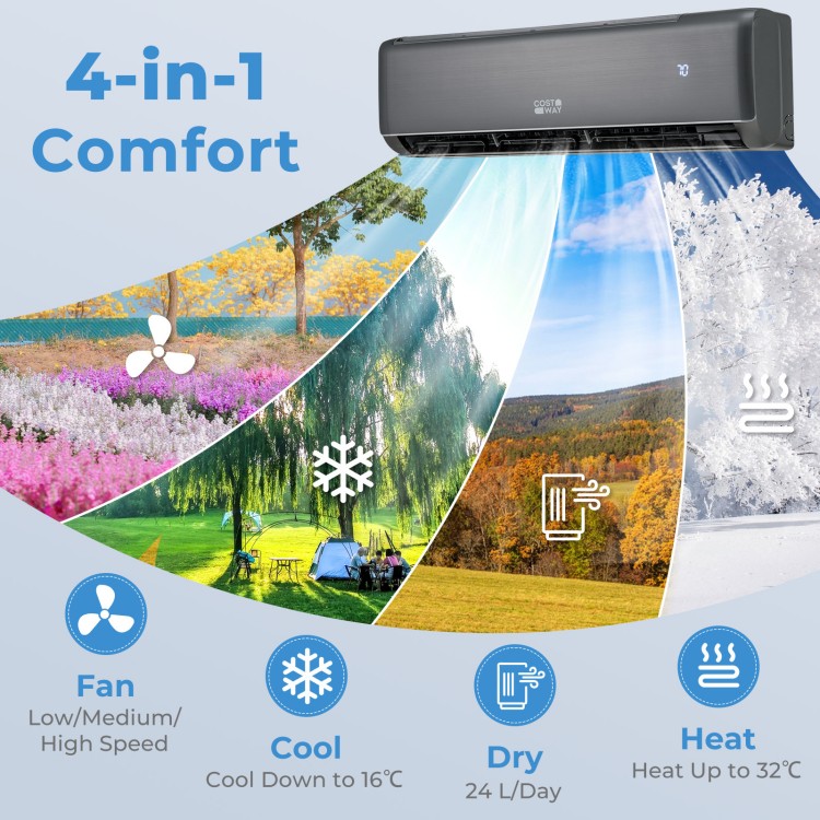 Mini split air conditioner and heater with 12000 BTU, 4-in-1 functionality, and energy-efficient inverter technology.