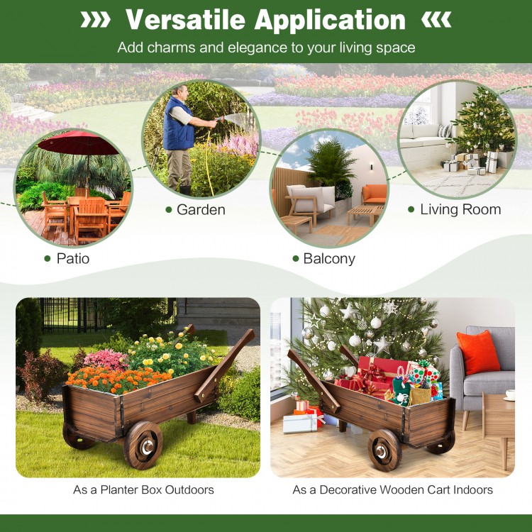 Wooden wagon planter box with wheels in rustic brown, ideal for outdoor planting or as a decorative cart indoors.