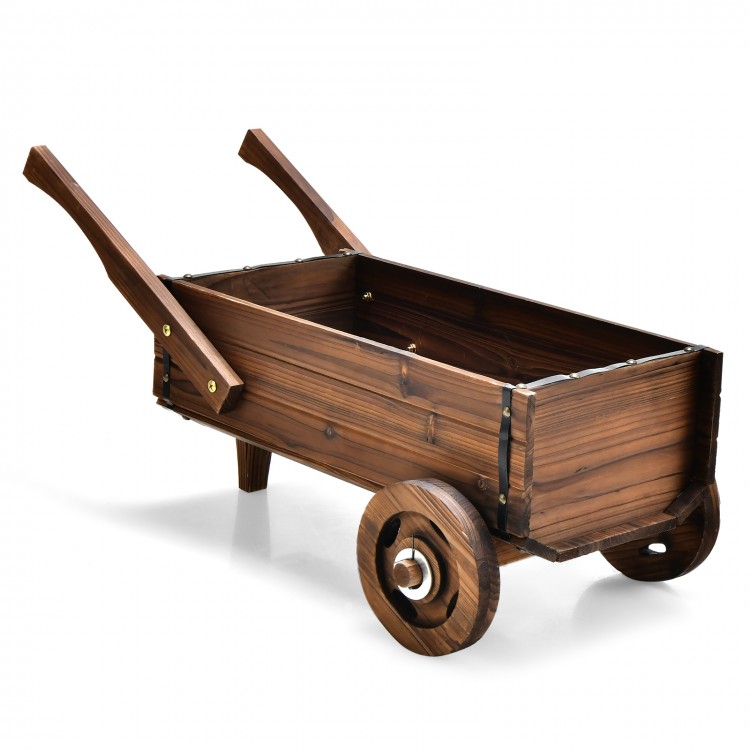 Wooden wagon planter box in rustic brown with wheels and handles, perfect for indoor or outdoor plant display.