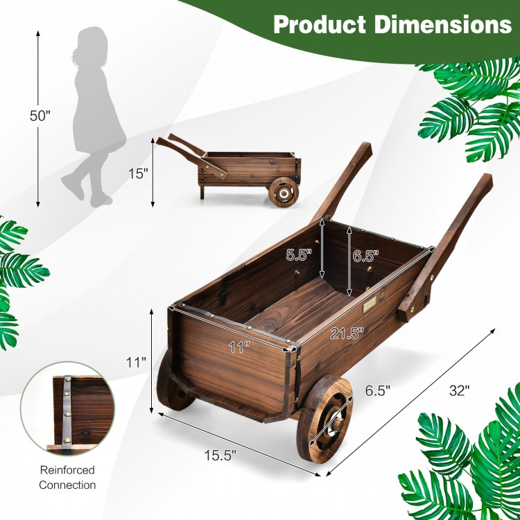 Wooden wagon planter box with wheels, rustic brown finish, dimensions 32" x 15.5", ideal for indoor and outdoor use.