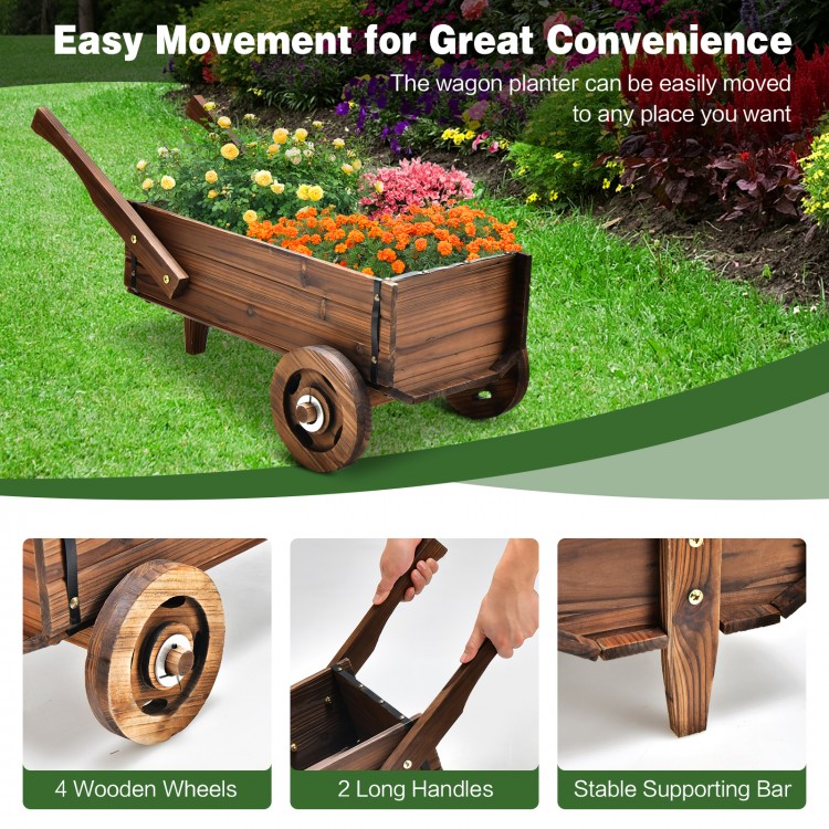 Wooden wagon planter box in rustic brown with wheels and handles, ideal for displaying plants indoors or outdoors.