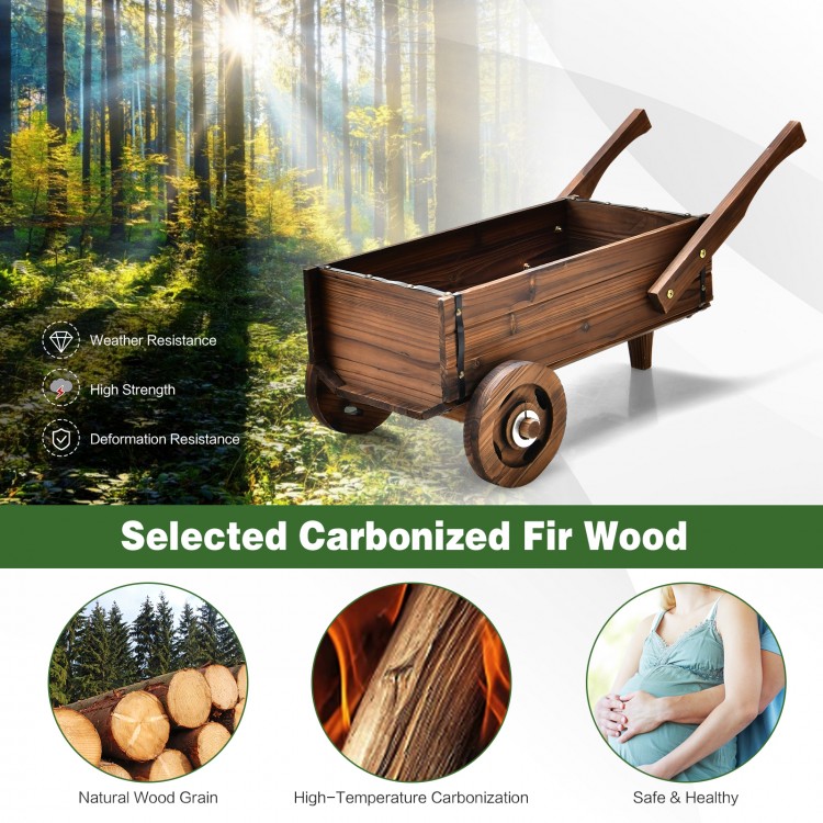 Wooden wagon planter box in rustic brown, crafted from carbonized fir wood, featuring wheels and drainage hole for easy.