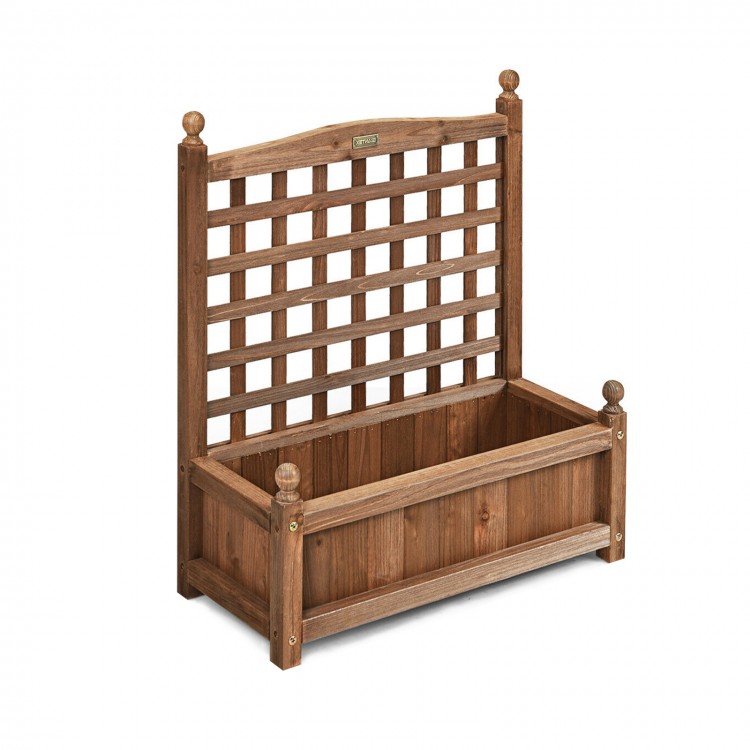 Solid wood planter box with trellis, showcasing grid design for climbing plants, perfect for enhancing outdoor spaces.