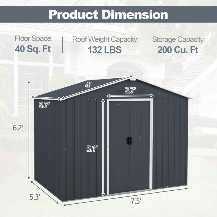 Dimensions of the Outside Storage Shed with Lock Air Window, featuring a 40 sq. ft. floor space and 200 cu. ft. storage.