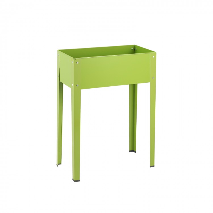 Green elevated garden planter made of galvanized steel, featuring a stylish design for easy gardening at a comfortable.