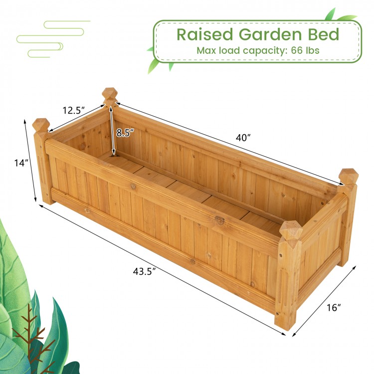Wooden rectangular garden bed made of fir wood, 40" x 16", with drainage system for outdoor use in gardens or balconies.