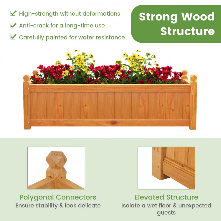 Wooden rectangular garden bed made of fir wood with drainage system, ideal for outdoor use in gardens or balconies.