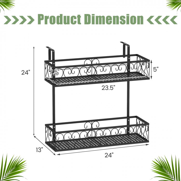 2-tier flower pot holder with adjustable hooks, featuring elegant curved patterns, ideal for porch or patio use.