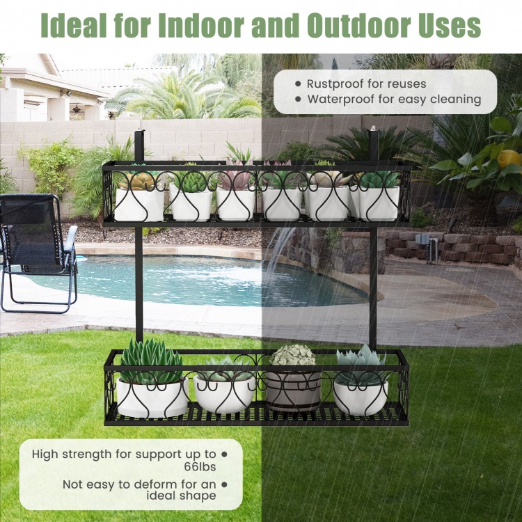 2-tier flower pot holder with adjustable hooks, metal frame for outdoor use, ideal for porch and patio organization.