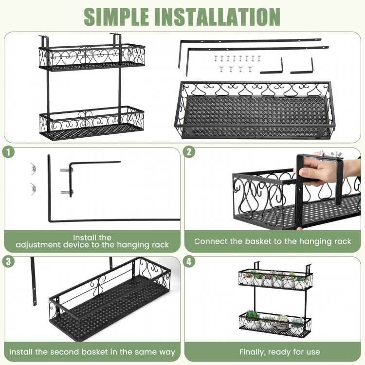 Flower pot holder with adjustable hooks and two planter baskets, featuring a metal frame for porch or patio use.