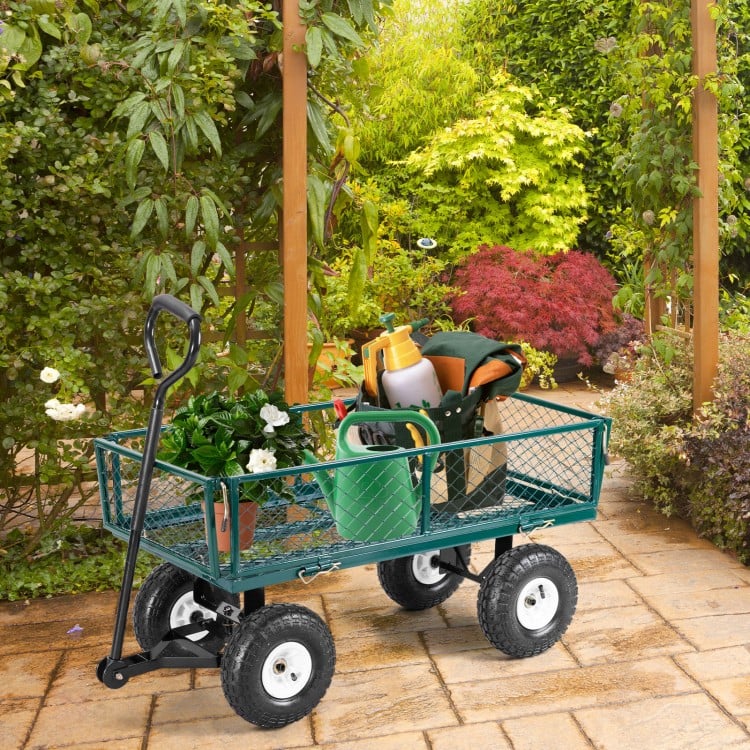 Heavy duty garden utility cart with rubber wheels, steel mesh crate, and cushioned grip handle for easy transport.