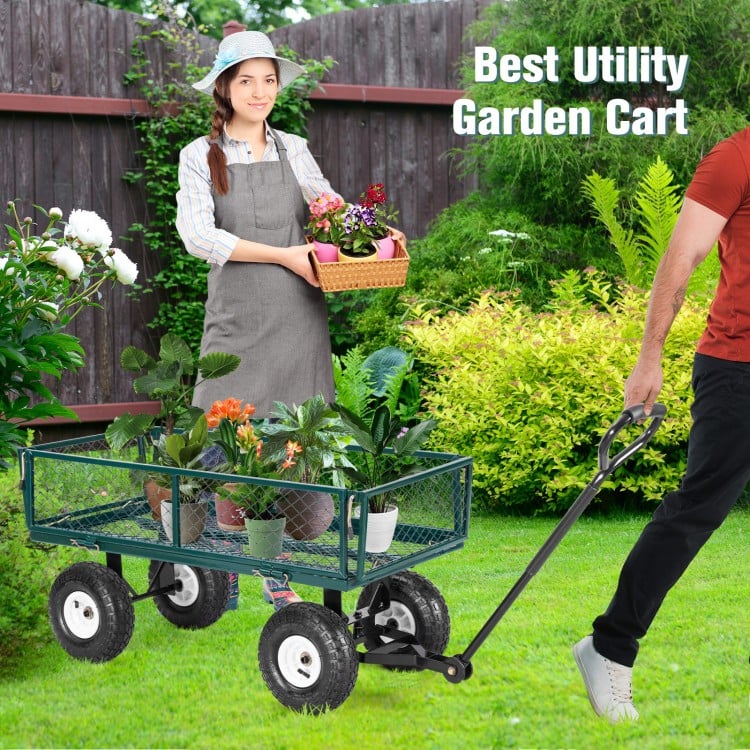 Heavy duty garden utility cart with 10-inch rubber wheels, 440-lbs capacity, and foldable design for easy transport.