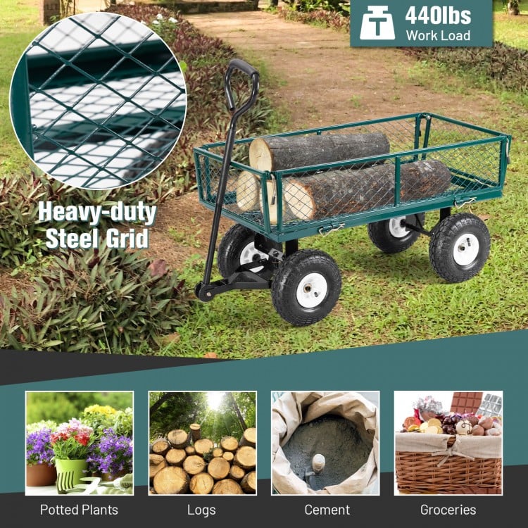 Heavy-duty garden utility cart with steel mesh crate, 440-lbs capacity, ideal for transporting logs and potted plants.