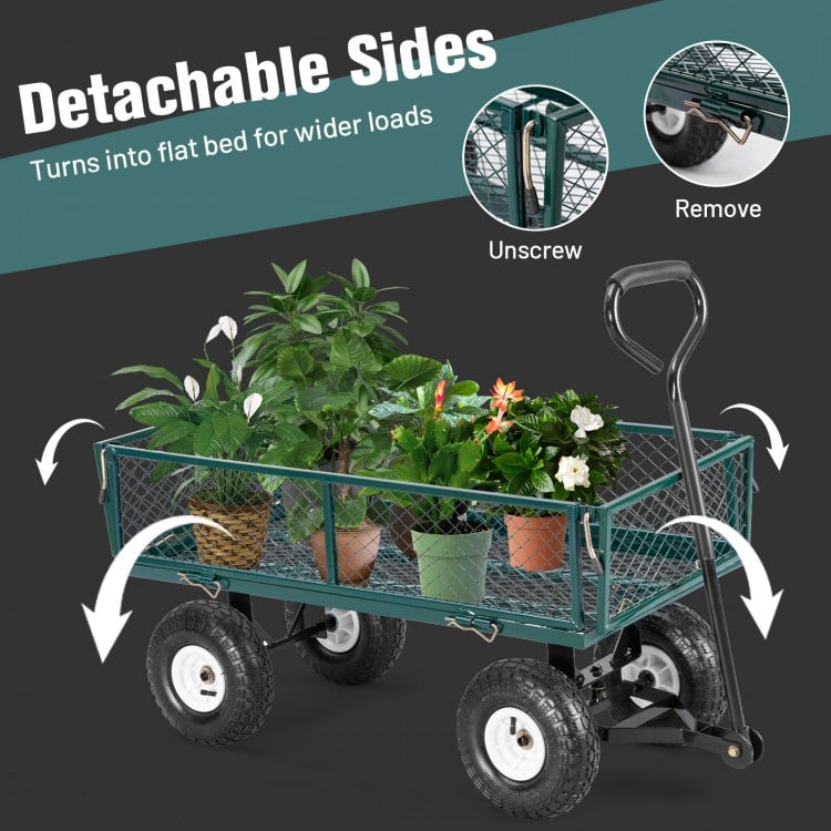 Heavy duty garden utility cart with detachable sides, featuring a steel mesh crate and 10-inch rubber wheels for easy.