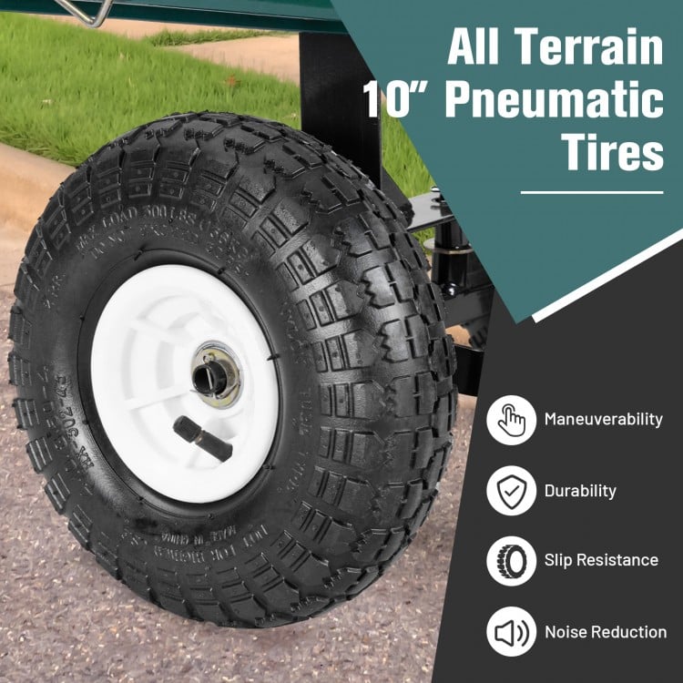 Close-up of a heavy-duty garden utility cart wheel featuring 10-inch pneumatic tires for durability and shock.