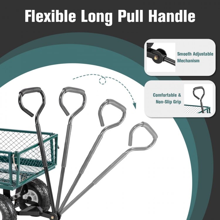 Flexible long pull handle of the heavy-duty garden utility cart, featuring a comfortable non-slip grip for easy.
