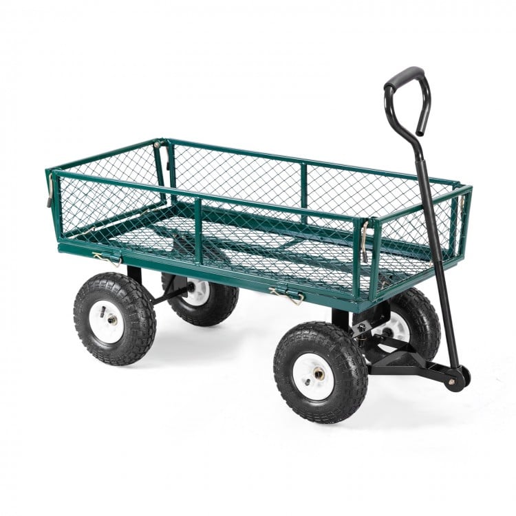 Side view of a heavy-duty garden utility cart with a foldable frame and durable steel mesh crate for oversized loads.