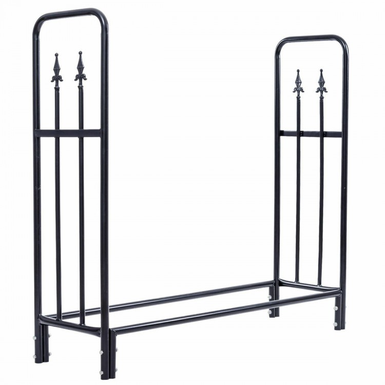 Heavy-duty 4 feet outdoor firewood storage rack made of black powder-coated steel for neat wood stacking and.