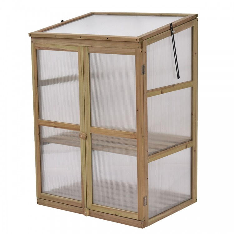 Wooden portable greenhouse with polycarbonate glazing, featuring two shelves and a hinged lid for plant protection.