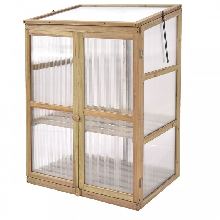 Wooden raised plants greenhouse with polycarbonate glazing, featuring two shelves for gardening tools and plants.