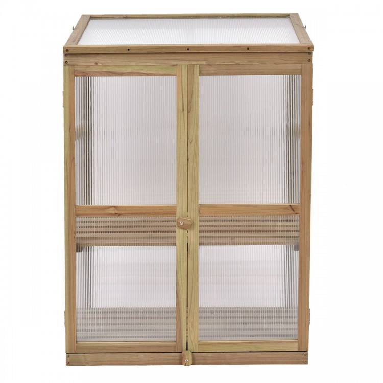 Wooden raised plants greenhouse with polycarbonate glazing, double doors, and two slatted shelves for outdoor gardening.